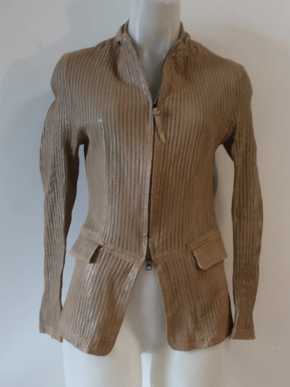 Womens Bano eeMee Beige (Item- 305) Full Zip Perforated Leather Jacket XS